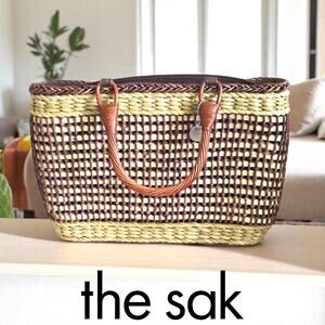 The Sak Original Brown & Beige Straw Wicker Basket Top Handle Purse EUC